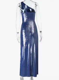 Robe longue asymétrique métallisée pour femme - Robe bleu roi froncée à fente haute et coupe ajustée - Tenue de cocktail printemps 2026