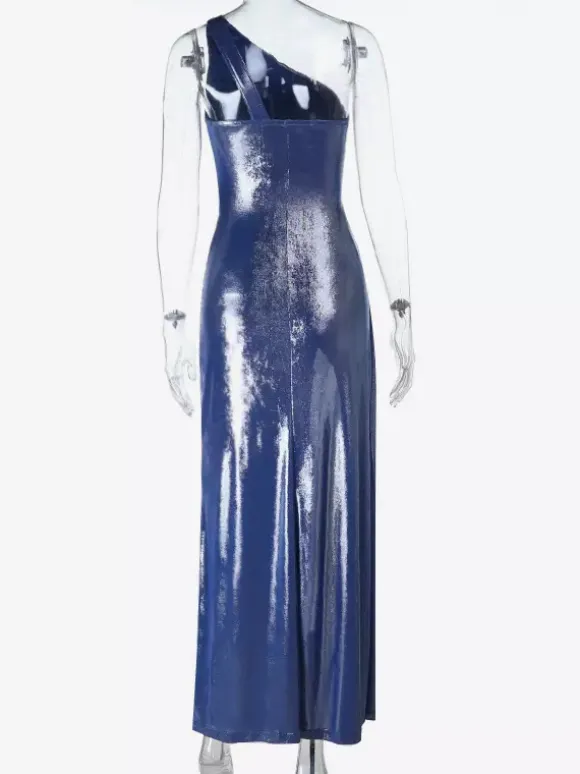 Robe longue asymétrique métallisée pour femme - Robe bleu roi froncée à fente haute et coupe ajustée - Tenue de cocktail printemps 2026