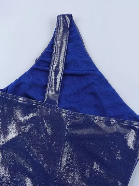 Robe longue asymétrique métallisée pour femme - Robe bleu roi froncée à fente haute et coupe ajustée - Tenue de cocktail printemps 2026