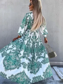 Robe longue baroque à imprimé volutes col en V manches lanternes et fente haute - Idéale pour les invités aux mariages de printemps 2026