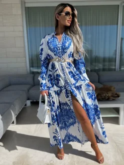 Robe longue baroque à imprimé volutes col en V manches lanternes et fente haute - Idéale pour les invités aux mariages de printemps 2026