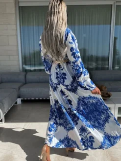Robe longue baroque à imprimé volutes col en V manches lanternes et fente haute - Idéale pour les invités aux mariages de printemps 2026