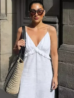Robe longue blanche 100 % coton pour femme - Bretelles spaghetti buste froncé - Robe de plage sexy à col en V et volants - Collection 2026