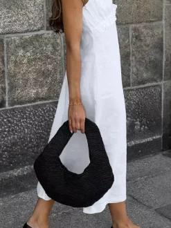 Robe longue blanche 100 % coton pour femme - Bretelles spaghetti buste froncé - Robe de plage sexy à col en V et volants - Collection 2026