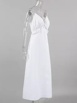 Robe longue blanche 100 % coton pour femme - Bretelles spaghetti buste froncé - Robe de plage sexy à col en V et volants - Collection 2026