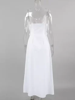 Robe longue blanche 100 % coton pour femme - Bretelles spaghetti buste froncé - Robe de plage sexy à col en V et volants - Collection 2026