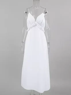 Robe longue blanche 100 % coton pour femme - Bretelles spaghetti buste froncé - Robe de plage sexy à col en V et volants - Collection 2026