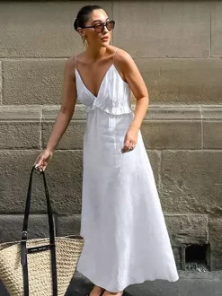 Robe longue blanche 100 % coton pour femme - Bretelles spaghetti buste froncé - Robe de plage sexy à col en V et volants - Collection 2026