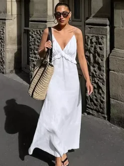Robe longue blanche 100 % coton pour femme - Bretelles spaghetti buste froncé - Robe de plage sexy à col en V et volants - Collection 2026