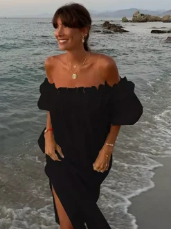 Robe longue blanche à épaules dénudées pour femme - Robe de plage ample en lin et coton style bohème manches lanternes à volants - Vacances d'été 2026
