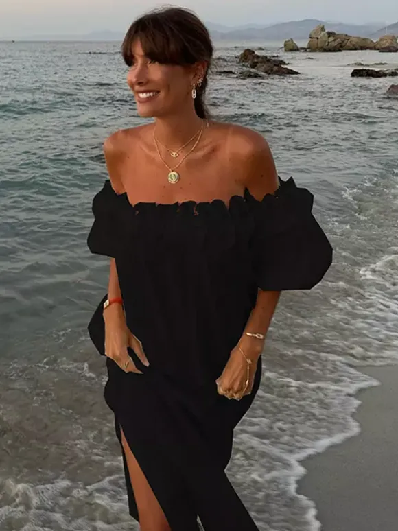 Robe longue blanche à épaules dénudées pour femme - Robe de plage ample en lin et coton style bohème manches lanternes à volants - Vacances d'été 2026