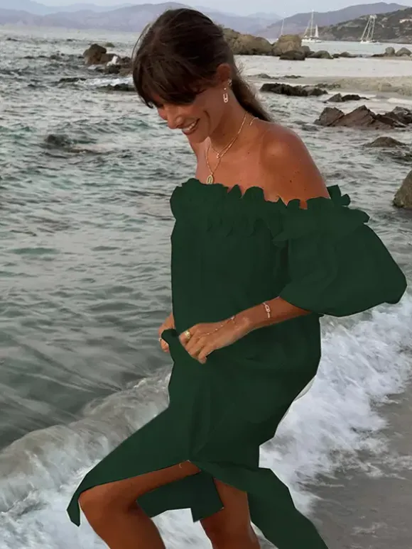 Robe longue blanche à épaules dénudées pour femme - Robe de plage ample en lin et coton style bohème manches lanternes à volants - Vacances d'été 2026