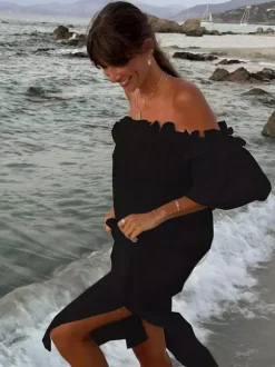 Robe longue blanche à épaules dénudées pour femme - Robe de plage ample en lin et coton style bohème manches lanternes à volants - Vacances d'été 2026