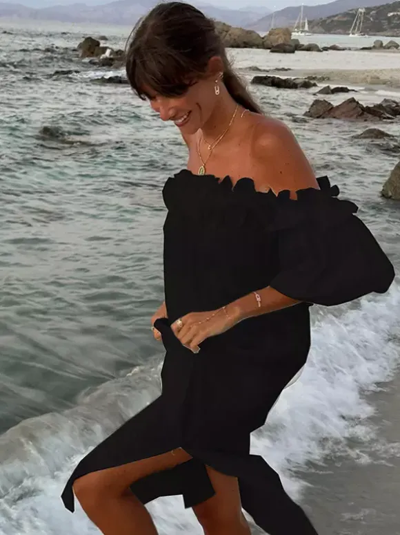 Robe longue blanche à épaules dénudées pour femme - Robe de plage ample en lin et coton style bohème manches lanternes à volants - Vacances d'été 2026