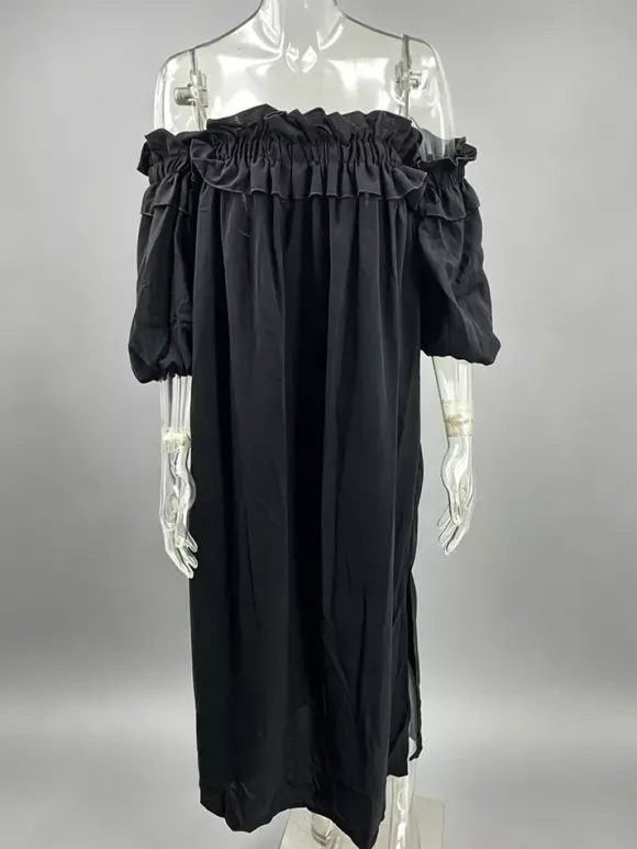 Robe longue blanche à épaules dénudées pour femme - Robe de plage ample en lin et coton style bohème manches lanternes à volants - Vacances d'été 2026