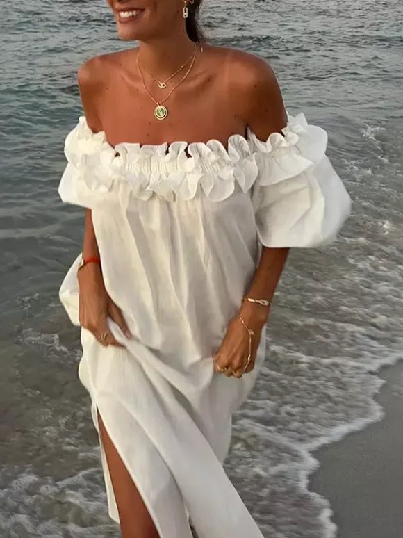 Robe longue blanche à épaules dénudées pour femme - Robe de plage ample en lin et coton style bohème manches lanternes à volants - Vacances d'été 2026