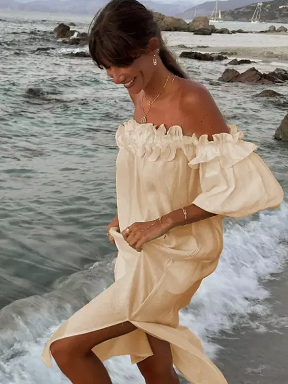 Robe longue blanche à épaules dénudées pour femme - Robe de plage ample en lin et coton style bohème manches lanternes à volants - Vacances d'été 2026