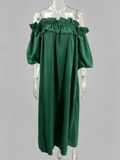 Robe longue blanche à épaules dénudées pour femme - Robe de plage ample en lin et coton style bohème manches lanternes à volants - Vacances d'été 2026