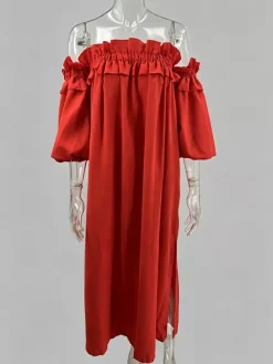 Robe longue blanche à épaules dénudées pour femme - Robe de plage ample en lin et coton style bohème manches lanternes à volants - Vacances d'été 2026