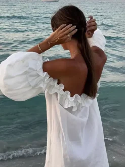 Robe longue blanche à épaules dénudées pour femme - Robe de plage ample en lin et coton style bohème manches lanternes à volants - Vacances d'été 2026