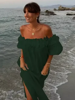 Robe longue blanche à épaules dénudées pour femme - Robe de plage ample en lin et coton style bohème manches lanternes à volants - Vacances d'été 2026