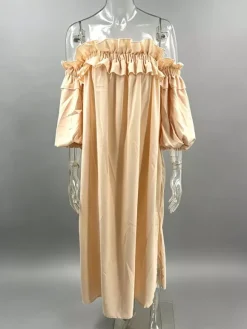 Robe longue blanche à épaules dénudées pour femme - Robe de plage ample en lin et coton style bohème manches lanternes à volants - Vacances d'été 2026