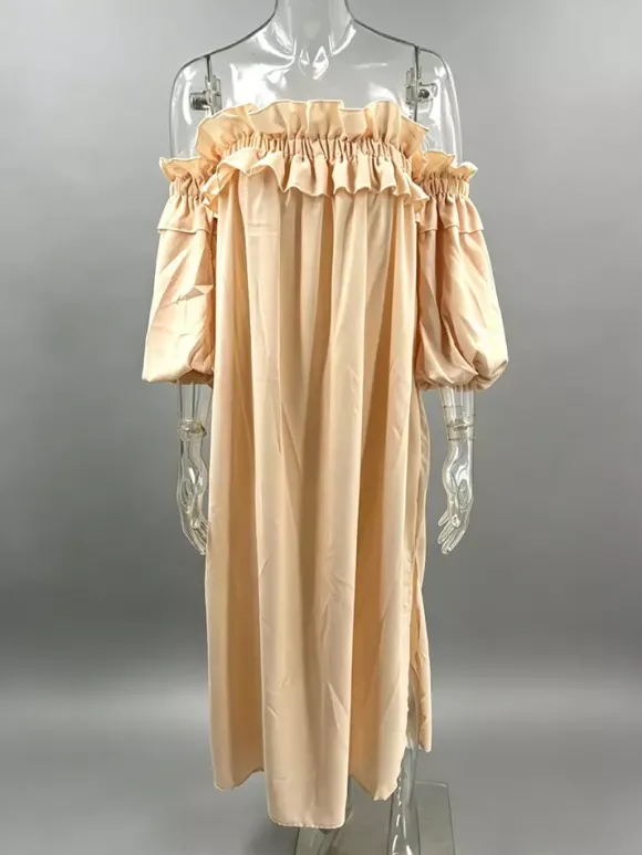 Robe longue blanche à épaules dénudées pour femme - Robe de plage ample en lin et coton style bohème manches lanternes à volants - Vacances d'été 2026
