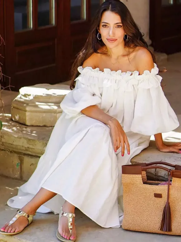 Robe longue blanche à épaules dénudées pour femme - Robe de plage ample en lin et coton style bohème manches lanternes à volants - Vacances d'été 2026
