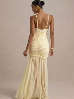 Robe longue blanche crème à col en V et fronces transparentes pour femme style élégant et formel