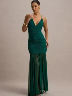 Robe longue blanche crème à col en V et fronces transparentes pour femme style élégant et formel