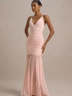Robe longue blanche crème à col en V et fronces transparentes pour femme style élégant et formel