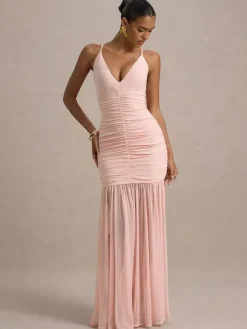 Robe longue blanche crème à col en V et fronces transparentes pour femme style élégant et formel