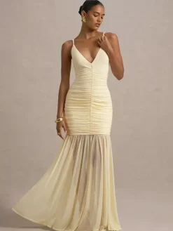 Robe longue blanche crème à col en V et fronces transparentes pour femme style élégant et formel