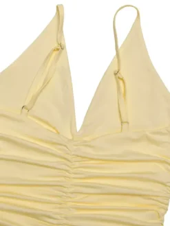 Robe longue blanche crème à col en V et fronces transparentes pour femme style élégant et formel