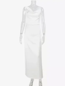 Robe longue blanche en satin pour femme - Élégante robe sans manches à col bénitier et dos nu style soie - Idéale pour les soirées d'été et les bals de fin d'année 2026