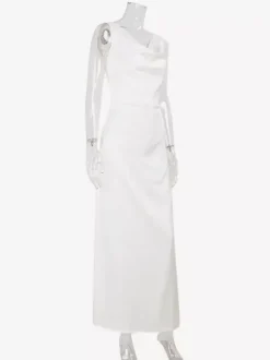 Robe longue blanche en satin pour femme - Élégante robe sans manches à col bénitier et dos nu style soie - Idéale pour les soirées d'été et les bals de fin d'année 2026