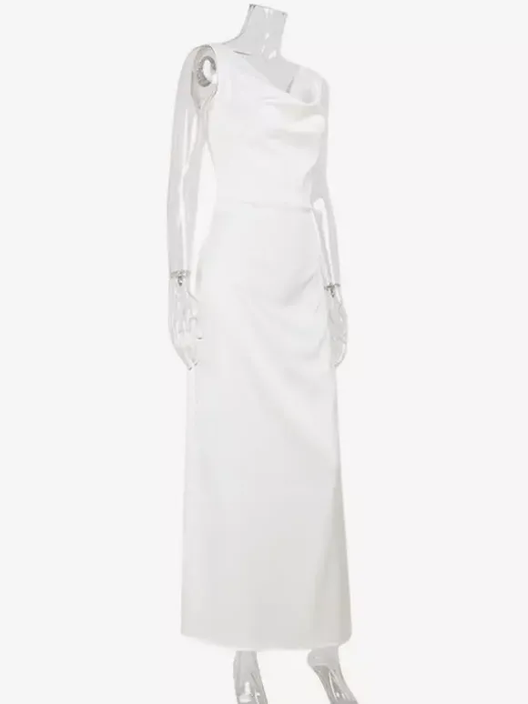 Robe longue blanche en satin pour femme - Élégante robe sans manches à col bénitier et dos nu style soie - Idéale pour les soirées d'été et les bals de fin d'année 2026
