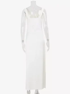 Robe longue blanche en satin pour femme - Élégante robe sans manches à col bénitier et dos nu style soie - Idéale pour les soirées d'été et les bals de fin d'année 2026