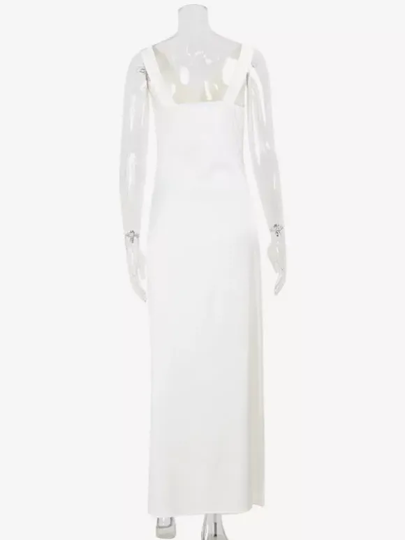 Robe longue blanche en satin pour femme - Élégante robe sans manches à col bénitier et dos nu style soie - Idéale pour les soirées d'été et les bals de fin d'année 2026