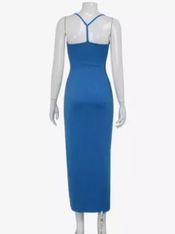 Robe longue bleue à bretelles spaghetti et fente haute pour femme - Robe moulante sexy - Idéale pour les vacances d'été à la plage 2026