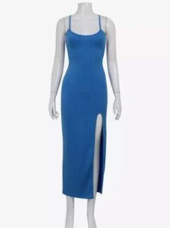 Robe longue bleue à bretelles spaghetti et fente haute pour femme - Robe moulante sexy - Idéale pour les vacances d'été à la plage 2026