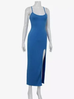 Robe longue bleue à bretelles spaghetti et fente haute pour femme - Robe moulante sexy - Idéale pour les vacances d'été à la plage 2026