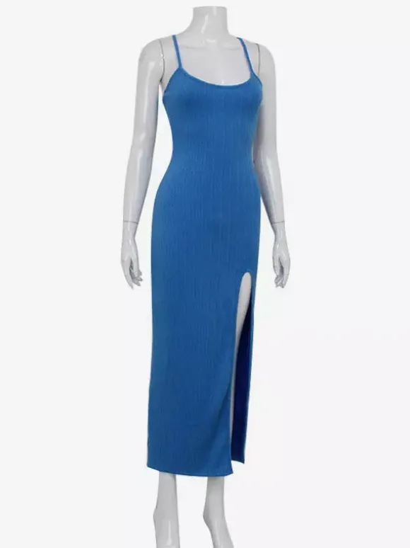 Robe longue bleue à bretelles spaghetti et fente haute pour femme - Robe moulante sexy - Idéale pour les vacances d'été à la plage 2026