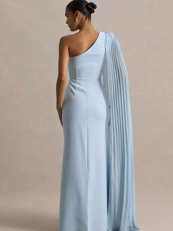 Robe longue bleue décontractée fendue sur le devant sans manches et asymétrique idéale pour une soirée en amoureux.