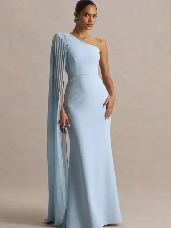 Robe longue bleue décontractée fendue sur le devant sans manches et asymétrique idéale pour une soirée en amoureux.