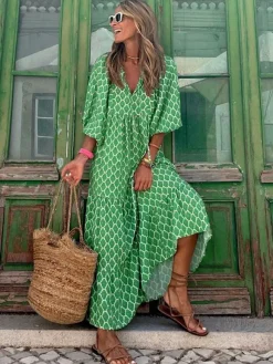 Robe longue bohème à manches lanternes col en V et imprimé floral à volants pour femme - Idéale pour les vacances d'été à la plage 2026