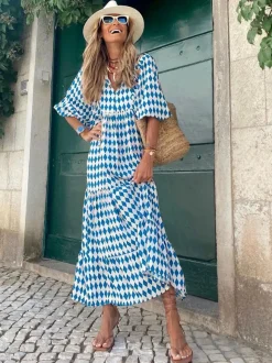 Robe longue bohème à manches lanternes col en V et imprimé floral à volants pour femme - Idéale pour les vacances d'été à la plage 2026