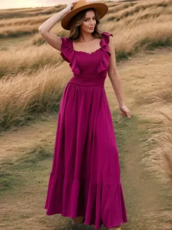 Robe longue bohème à taille smockée pour femme - Robe fluide à volants manches papillon et col carré - Robe d'été pour la plage 2026
