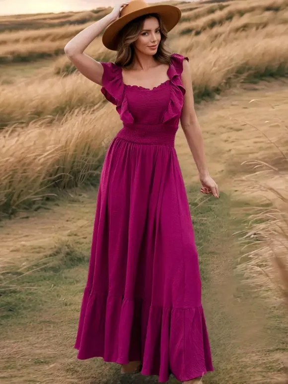 Robe longue bohème à taille smockée pour femme - Robe fluide à volants manches papillon et col carré - Robe d'été pour la plage 2026