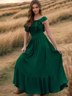 Robe longue bohème à taille smockée pour femme - Robe fluide à volants manches papillon et col carré - Robe d'été pour la plage 2026